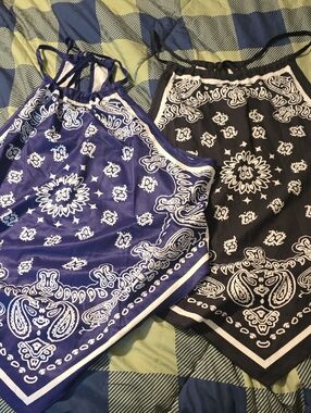 SHEIN Blue and Black Bandana Print Tie-Back Tank Tops